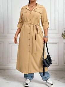 SHEIN Unity Plus Size Casual Solid Color Dress - Khaki - View 1