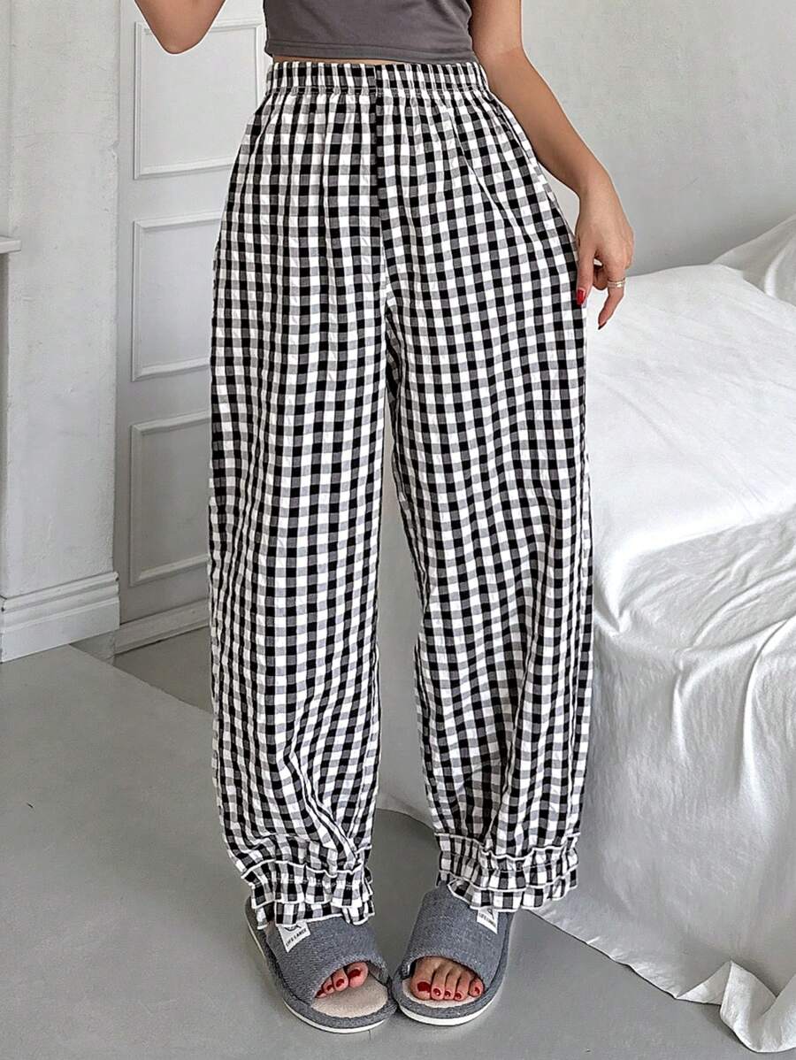 DAZY Plaid Trim Design Lounge Pants - Black and White - View 1