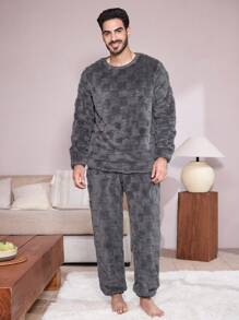 Men's Solid Color Plush Long Sleeve Pajama Set, Fall Clothes - Dark Grey - View 2