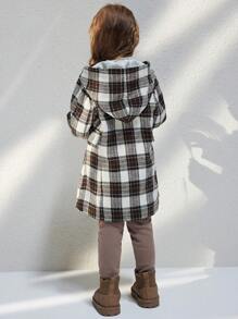 Blossori Young Girls Elegant Brown Plaid Woven Loose Long Sleeve Coat, Autumn Winter - Brown - View 2