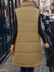 SHEIN LUNE 女士立领绗缝加厚长款背心夹克，秋冬季保暖服装 - 卡其色 - 查看 2