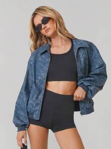 SHEIN EZwear Camiseta casual sencilla con cuello alto, cremallera delantera, manga larga y bolsillo - Azul lavado oscuro - Ver 1