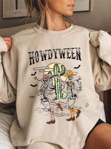 INAWLY 大码女式万圣节骷髅和仙人掌印花圆领长袖运动衫 - 杏色 - 查看 1