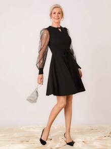 SHEIN LUNE 秋季女士锁眼领黑色网眼灯笼袖优雅派对短裙 - 黑色 - 查看 2