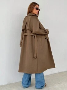 SHEIN PETITE Brown Woven Women's Trench Coat Suitable For Autumn And Winter - Brown - View 4