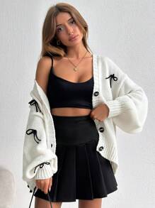 EURMUSE Ribbon Accessory Detailed V-Neck Drop Shoulder Cardigan - Beige - View 3