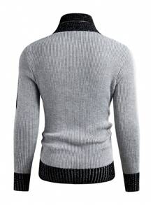 Manfinity RelaxMax Men's Colorblock Stand Collar Vintage Distressed Knitted Cable Knit Long Sleeve Sweater, Fall & Winter, For Work, Family Matching