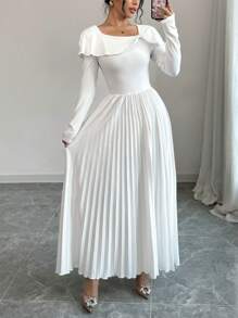 Elenzga 女式春夏纯色针织长袖不对称系带领优雅连衣裙长款女装 - 白色 - 查看 5