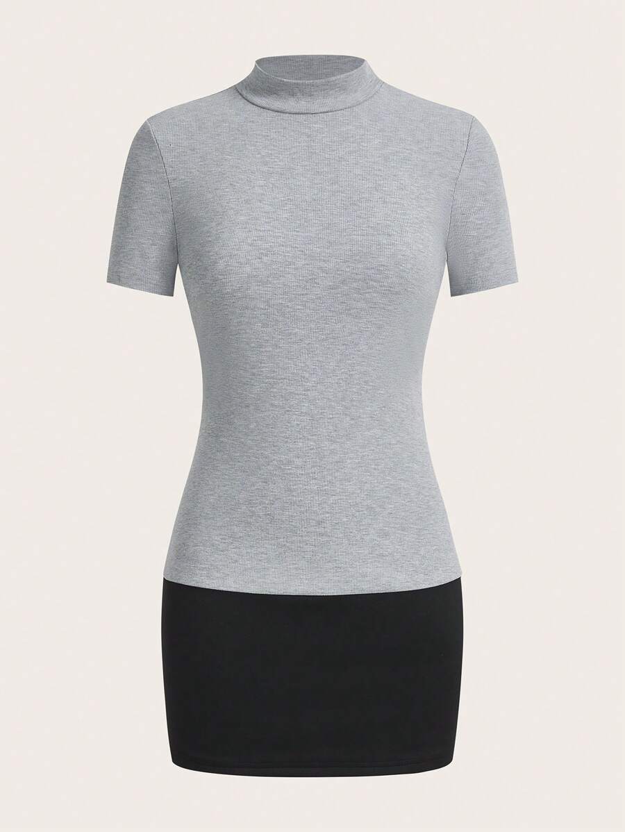 SHEIN Essnce Đầm công sở đi làm chuyên nghiệp mùa xuân và thu mới 2024, thiết kế chắp vá nhiều màu cho phụ nữ đi làm - Xám - Xem 1