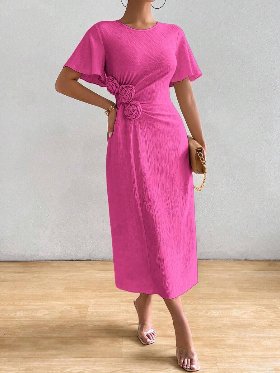 RosyDaze Robe longue et élégante pour femmes avec décor floral 3D, taille, manches courtes à volants, col rond, unie, pour l'été - Rose vif - Voir 1