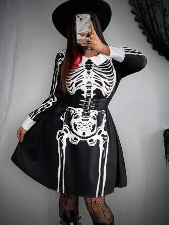 Whyspr 大码万圣节角色扮演哥特朋克黑暗星期三骷髅翻领复古可爱短裙，秋装，黑色