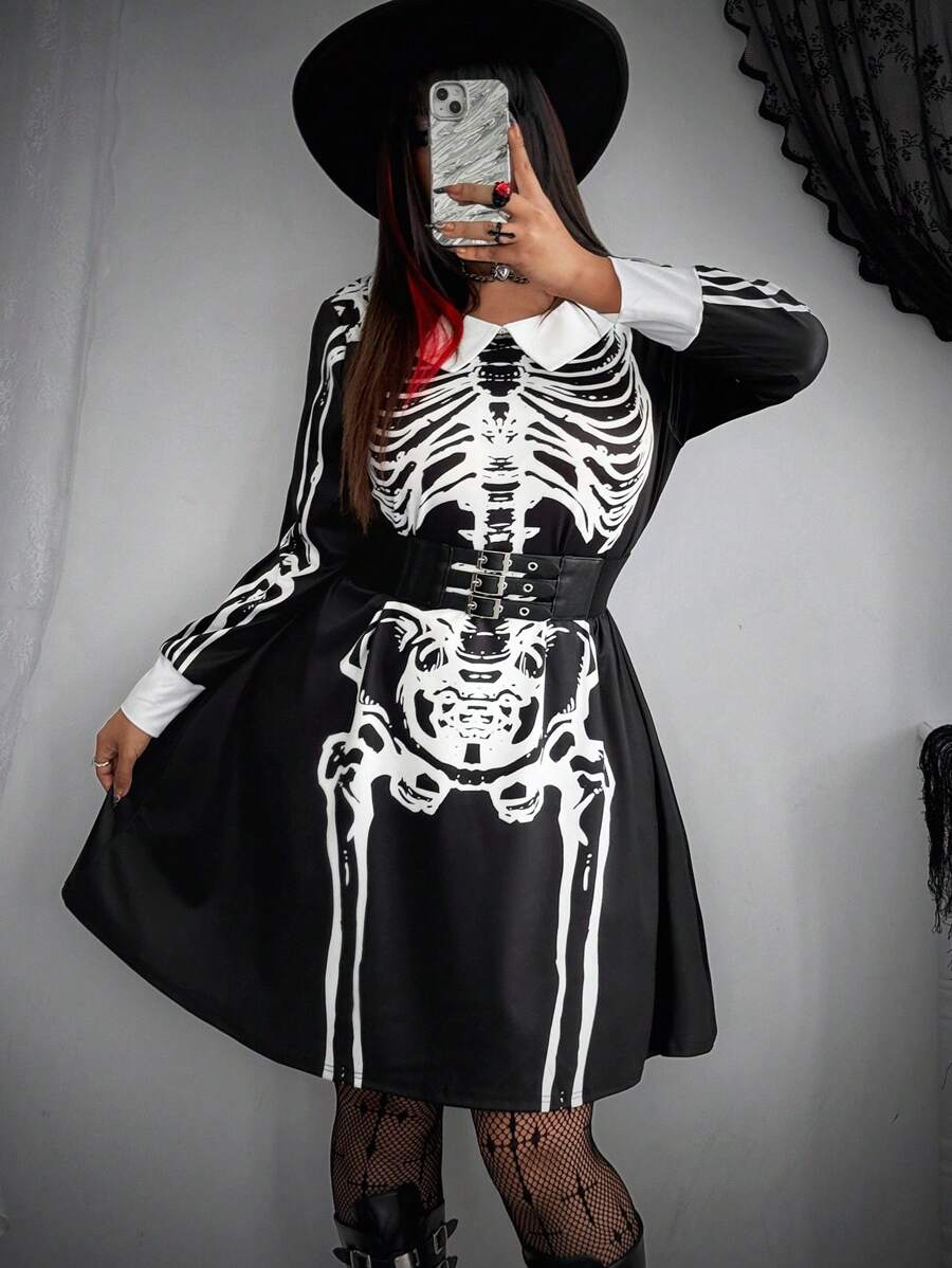 Whyspr 大码万圣节角色扮演哥特朋克黑暗星期三骷髅翻领复古可爱短裙，秋装，黑色