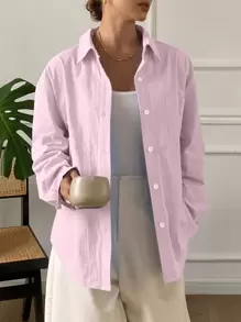 DAZY 女士纯色休闲长袖衬衫，适合日常穿着，春夏季 - 粉色 - 查看 5