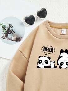 SHEIN Leap Crew بلوزة كاجوال بنقشة دب بانك كم طويل للبنات المراهقات، اللون الخاكي