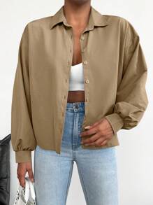 EURMUSE Solid Drop Shoulder Button Front Shirt - Khaki - View 5