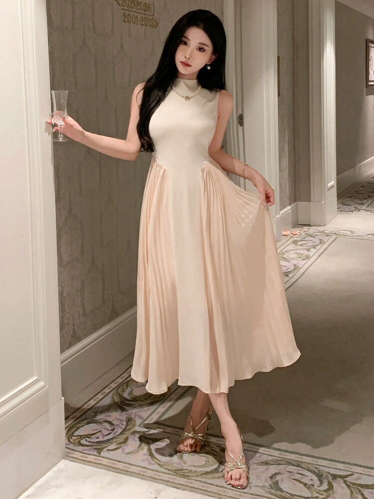 Women's Sleeveless Round Neck Pleated Patchwork Dress Prom Dress, Fall Clothes Elegant Women Dress Cocktail Dress
