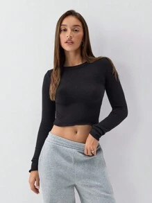 SHEIN Unity 1 pieza Suéter de punto casual de cuello redondo, manga corta y ajustado para mujer, color negro, para otoño/invierno, jersey de punto de otoño - Negro - Ver 1