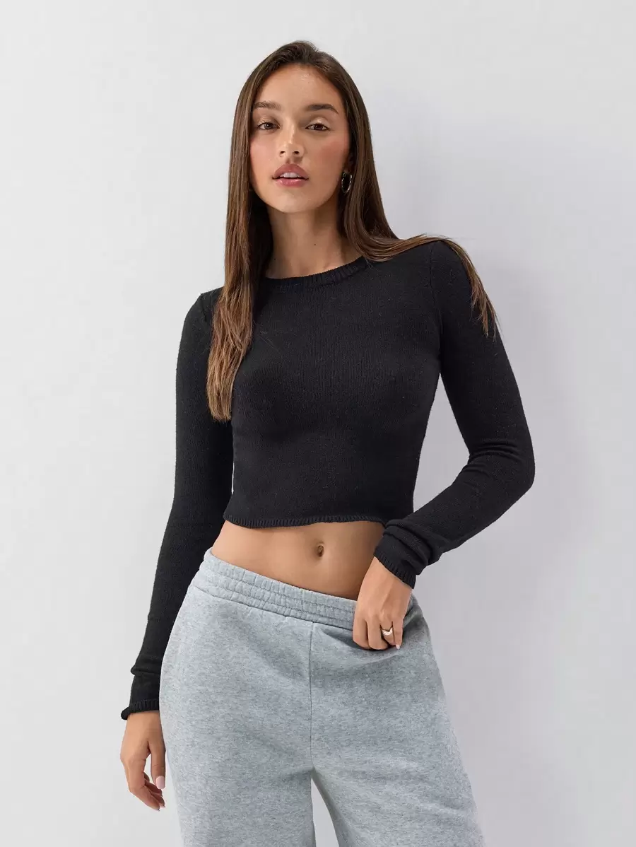 SHEIN Unity 1件女士休闲修身圆领短袖长袖针织衫,黑色,秋冬季,针织套头衫 - 黑色 - 查看 1