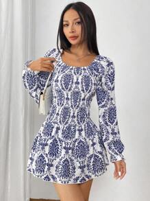 SHEIN Unity Women's Vacation Plant Print Round Neck Long Sleeve Ruffle Hem Short Fashionable Dress Fall Cloth For Women - Blue - View 4