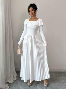 Elenzga 女式春夏纯色针织长袖不对称系带领优雅连衣裙长款女装 - 白色 - 查看 1