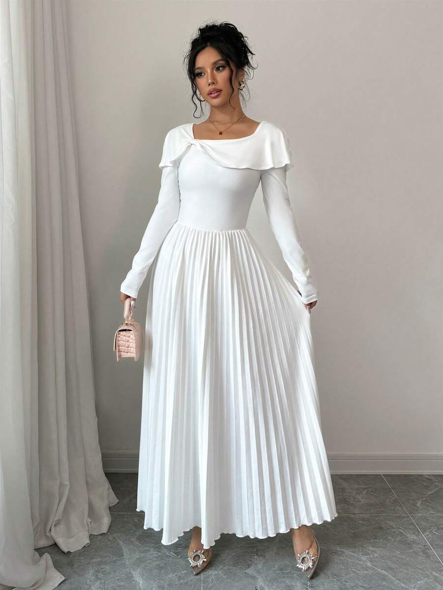 Elenzga 女式春夏纯色针织长袖不对称系带领优雅连衣裙长款女装 - 白色 - 查看 1