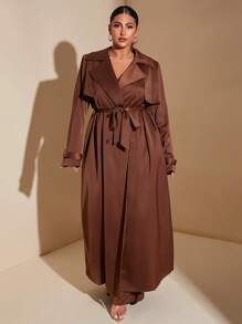 SHEIN BAE Plus Size Women's Solid Color  Double-Breasted Long Sleeve Elegant Trench Coat, Spring & Autumn Winter Fall - Coffee Brown - View 1