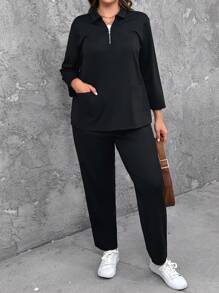 Bộ 2 chiếc áo khoác có khóa kéo thường ngày cỡ lớn và quần đa năng - màu đen - Xem 4