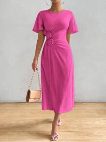 RosyDaze Robe longue et élégante pour femmes avec décor floral 3D, taille, manches courtes à volants, col rond, unie, pour l'été - Rose vif - Voir 4