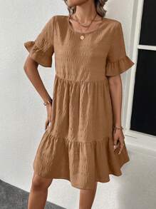 SHEIN LUNE 女士圆领短袖荷叶边下摆休闲棕色秋季连衣裙 - 棕色 - 查看 3