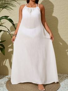 SHEIN Swim Chicsea Plus Size Women Solid Color Casual Long Maxi Sleeveless Coverup Dress Summer