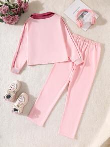 Tween Girl Color Block Sports English Embroidered Shirt And Pants Set - Pink - View 2