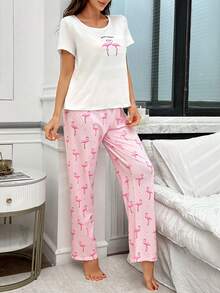 火烈鸟印花圆领短袖上衣和裤子睡衣套装 - 粉色 - 查看 4