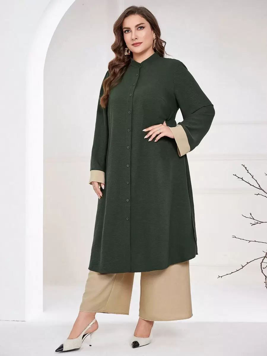 Al Najma Plus Size Solid Color Patchwork Long Sleeve Front Button Placket Casual Top And Pants 2-Piece Set, Casual Modest Longline Classic Muslim Fashion Suit Co-Ords, For Travel/ Casual/Home/Holiday 2 Pieces Set Fall Cloth For Women