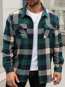 Manfinity Homme Men Fall Green Plaid Long Sleeve Contrast Color Shirt, Autumn & Winter - Multicolor - View 1