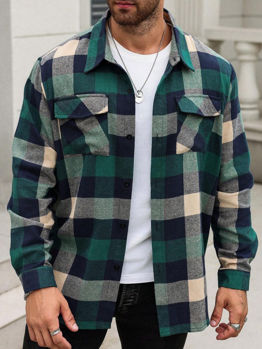 Manfinity Homme Men Fall Green Plaid Long Sleeve Contrast Color Shirt, Autumn & Winter - Multicolor - View 1