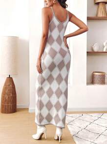 SHEIN VCAY Vestido mini ajustado de camisola de punto con estampado de rombos, vestimenta casual para primavera/otoño - Multicolor - Ver 2