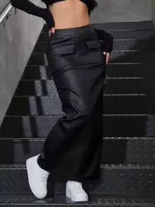 女士修身时尚口袋时尚黑色半身裙 - 黑色 - 查看 5
