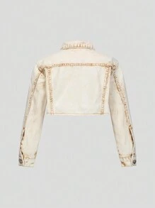 طقم جاكيت دنيم مغسول كاجوال بيج وتنورة قصيرة فتاة صغيرة 2 قطعة/مجموعة - كاكي - مشاهدة 4