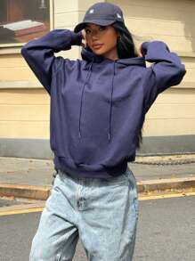 SHEIN EZwear Women's Casual "CUTE BUT PSYCHO" Print Hooded Fleece Sweatshirt, Loose Fit, Suitable For Fall/Winter - Navy Blue - View 4