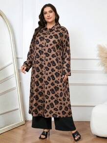 Mulvari 2pcs Plus Size Front Button Leopard Print Long Sleeve Top And Pants Casual Set - Coffee Brown - View 6