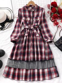 Robe à manches longues avec contraste de carreaux et de maillage pour pre-adolescentes