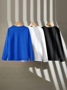 SHEIN Leap Crew Bộ 3 áo thun dài tay in chữ màu đơn giản cho bé trai tuổi mới lớn, Thu (9), Đông (2), Đen, Trắng - Xanh đậm - Xem 3