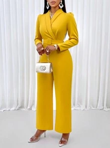 Zolique 纯色翻领斜口袋阔腿连体裤（带腰带） - 黃色 - 查看 6