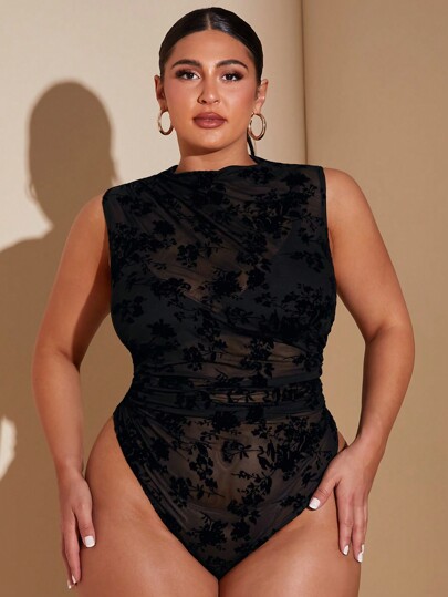 SHEIN BAE Plus Size Women Elegant Polka Dot Sheer Bodysuit/Summer Tops/Festival Wear/Oversized T Shirt/Plus Size Tops/Tops For Summer/Black Top/Vacation/Vacation Outfits Woman