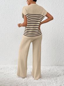 EMERY ROSE 2pcs/Set Women's Contrast Color Loose Casual Drawstring Knitted Set - Khaki - View 2