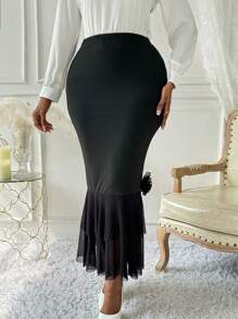 Chiquease Women's Elegant Casual Solid Color Mesh Contrast Ruffle Fishtail Hem Floral Decorated A-Line Skirt - Black - View 1