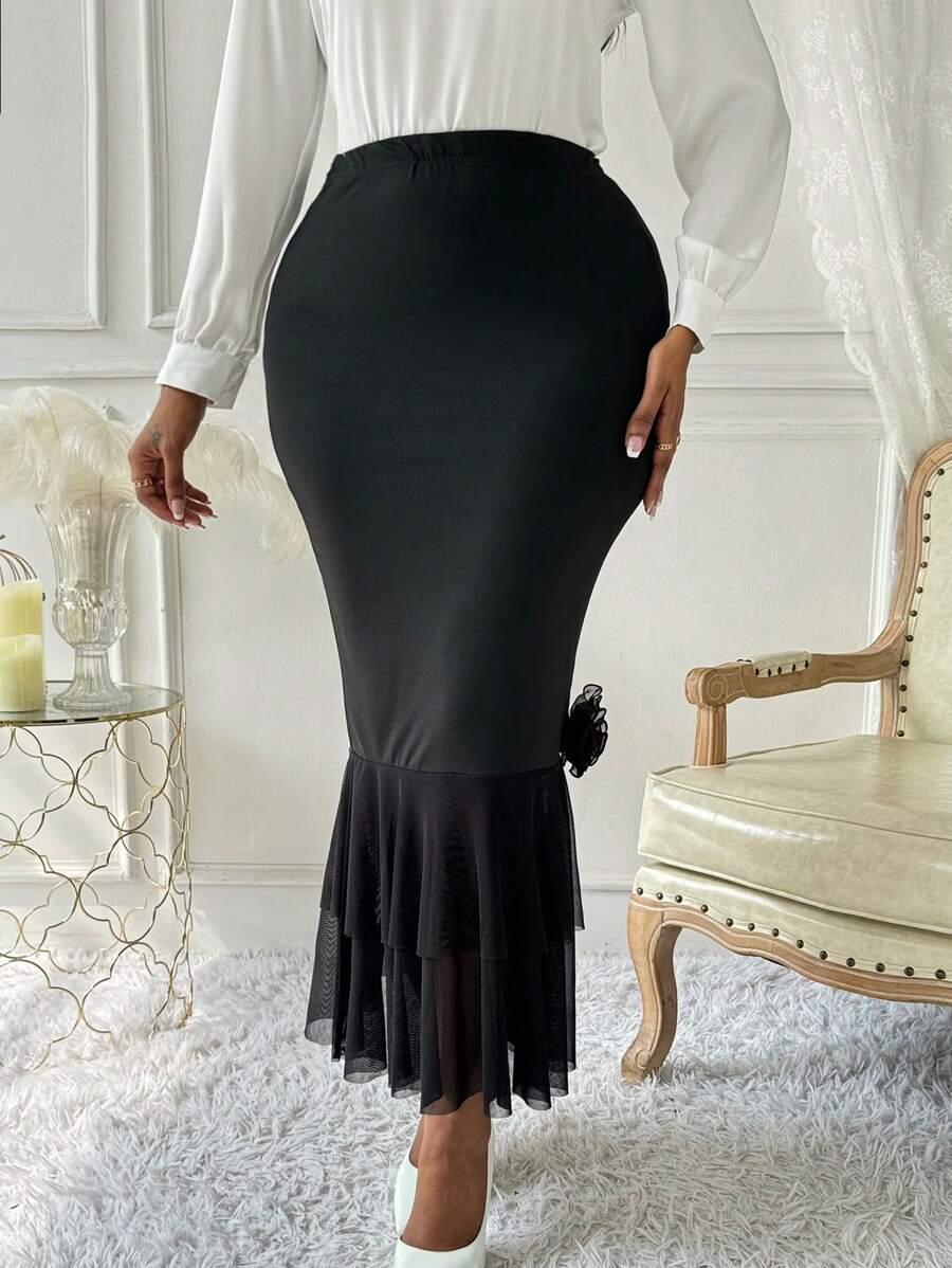 Chiquease Women's Elegant Casual Solid Color Mesh Contrast Ruffle Fishtail Hem Floral Decorated A-Line Skirt - Black - View 1