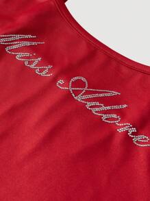 SHEIN MOD 女士时尚字母水钻装饰蝴蝶结吊带背心（红色）、吸血鬼上衣、女巫上衣、哥特、猫女装、Y2k、啦啦队服装、新年、情人节女装、嬉皮士服装 - 紅色 - 查看 4