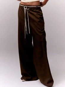 MUSERA 办公室、教师、工作用抽绳阔腿裤，优雅夏季性感时尚 - 巧克力棕 - 查看 3