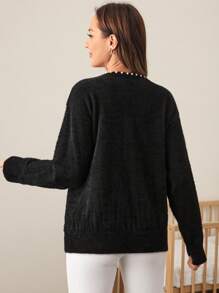 SHEIN Maternity Plain Long Sleeve Knit Sweater With Button & Beaded Trim For Pregnant Women, Autumn Winter